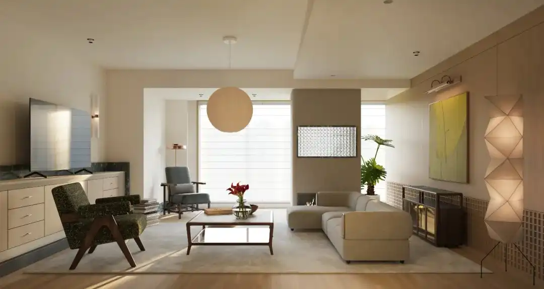 Minimal calm interior with warm diffused lamp light and clean geometric lines suggesting a restful space
